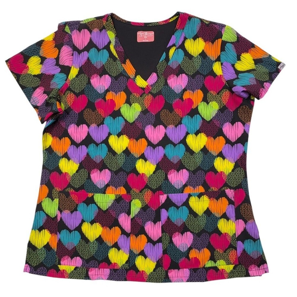 Zavate Ava Therese Colorful Heart Stretch Scrub Top V Neck Pockets Large